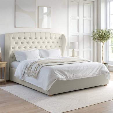 Cream Woven - End-Lift Ottoman Storage Bed with Winged Headboard - Safina