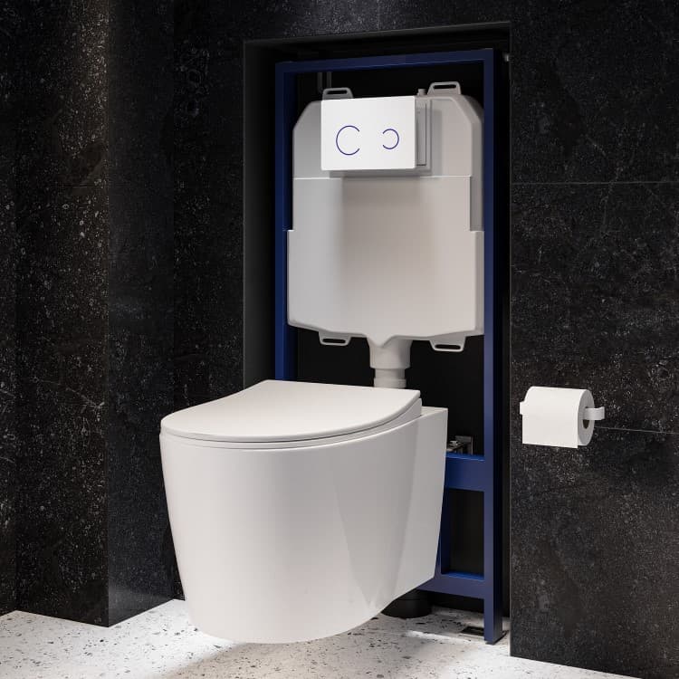 Wall Hung Rimless Toilet with Soft Close Seat, White Glass Sensor Flush Plate, 1168mm Frame & Cistern – Alcor