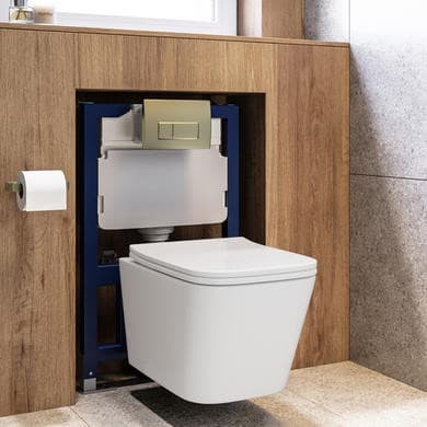 Wall Hung Toilet with Soft Close Seat, Pneumatic Brushed Brass Flush Plate, 820mm Frame & Cistern - Albi