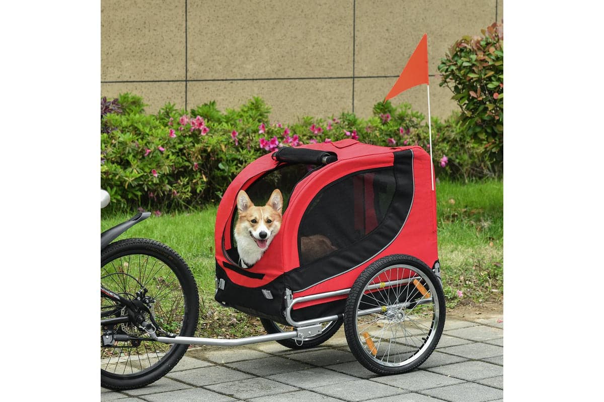 PawHut B4-0003-007 Folding Bicycle Pet Trailer with Removable Cover | Black/Red