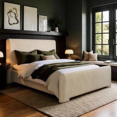 Beige Upholstered King Size Ottoman Bed with Soft Curved Headboard and Footboard - Althea