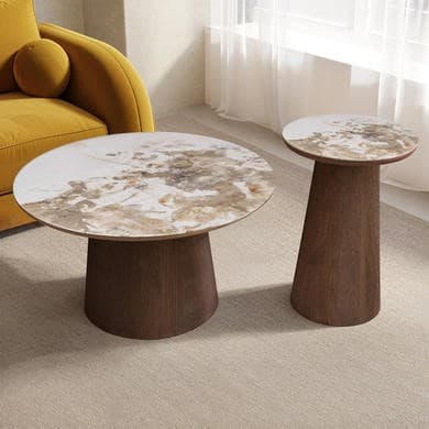 Round Walnut and Neutral Marble Effect Nest of 2 Tables - Malia