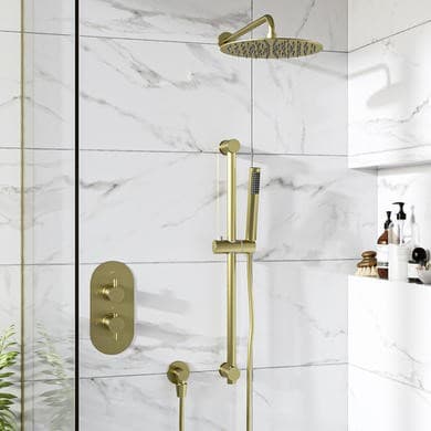 Brushed Brass 2 Outlet Wall Mounted Thermostatic Mixer Shower Set with Hand Shower - Arissa