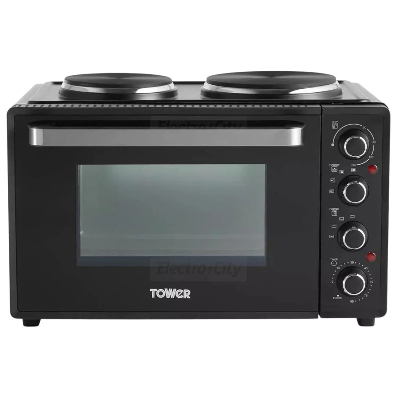 Tower 32 Litre Freestanding Mini Oven with Dual Hot Plates | Black with Silver Accents