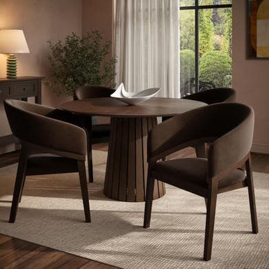 Round Walnut Dining Table Set with 4 Brown Velvet Chairs - Seats 4 - Owen