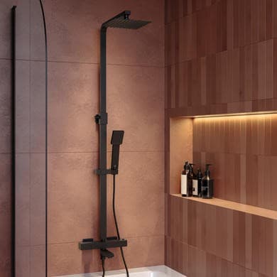 Black Square Thermostatic Bar Bath Mixer Shower Set with Bath Filler Spout Slide Rail Kit & Hand Shower - Zana