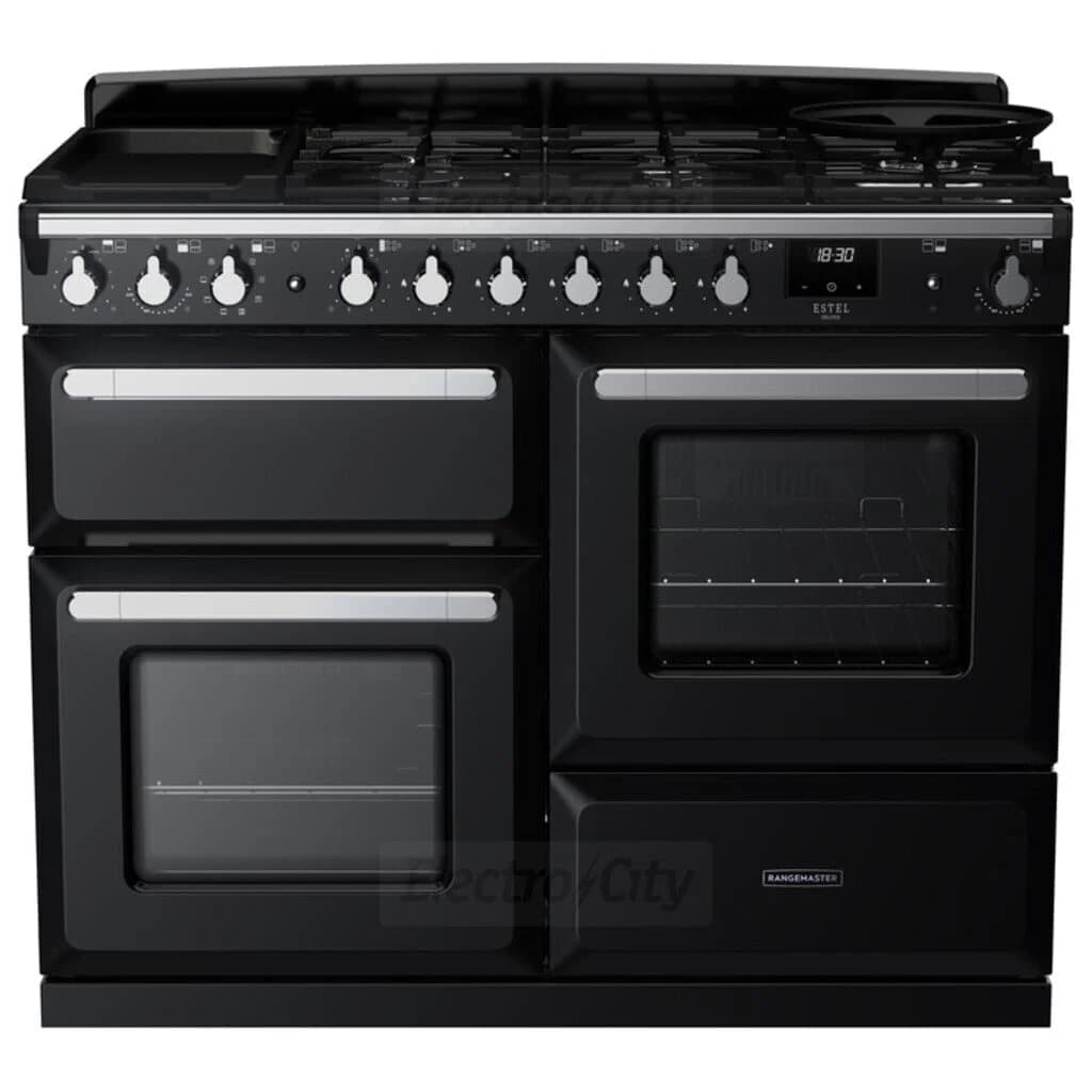 Rangemaster Estel Deluxe 110cm Dual Fuel Range Cooker | Black with Chrome Trim