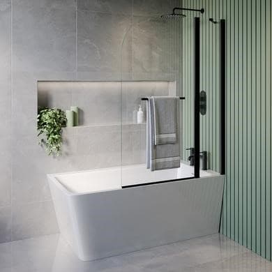 Freestanding Single Ended Right Hand Corner Shower Bath with Black Bath Screen with Fixed Panel & Towel Rail 1500 x 740mm - Kona