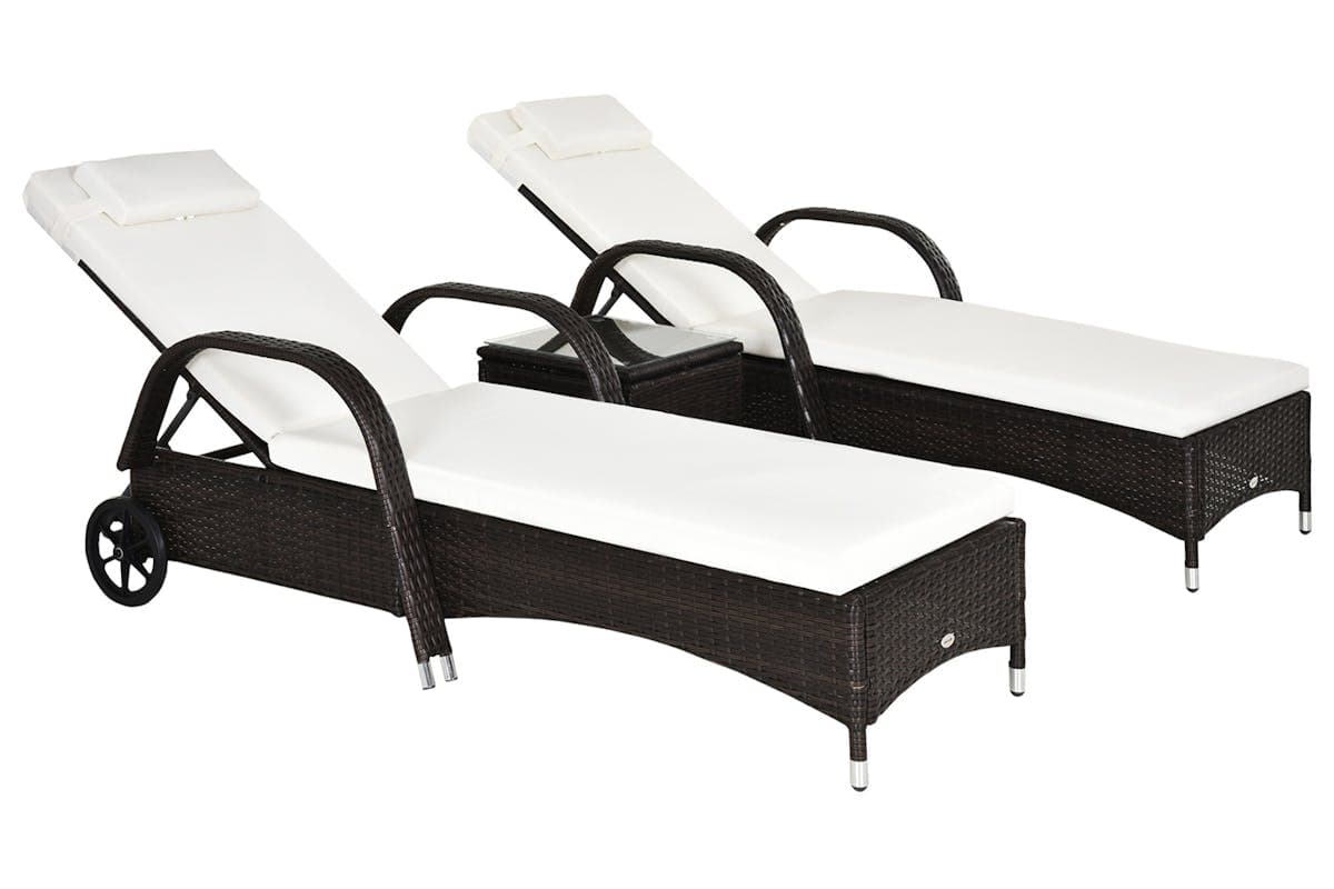 Outsunny Rattan Patio Lounge Chair Set with Cushion | Brown/Cream White | 3 Pieces
