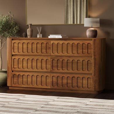 Wide Dark Wood Curved 6 Drawer Chest of Drawers - Fully Assembled - Meena
