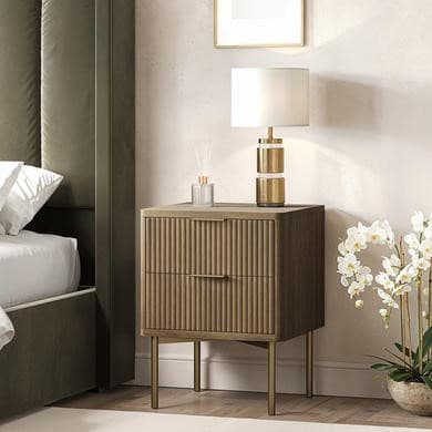 Dark Wood Ribbed 2 Drawer Bedside Table - Valencia