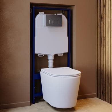 Matt White Wall Hung Rimless Toilet with Soft Close Seat, Chrome Pneumatic Flush Plate, 1168mm Frame & Cistern – Verona
