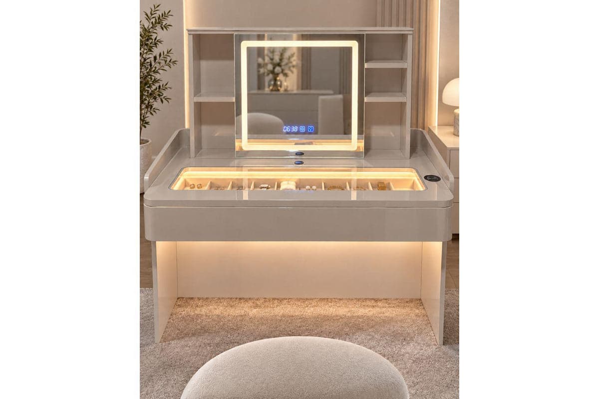 Glamour Elevate Station 1.2m Curve Vanity Table | Solid Wood & Tempered Glass | Beige