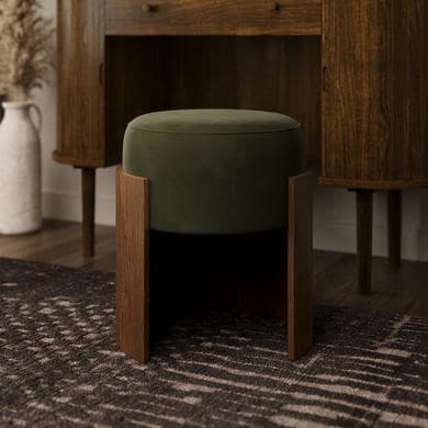 Green Upholstered Bedroom Stool With Curved Walnut Base - Clover