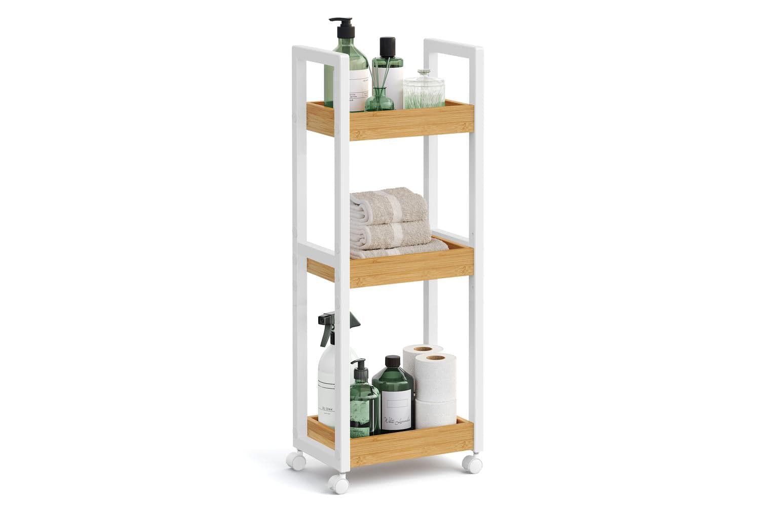 Space-saving Bathroom Trolley | 3-tier Storage Trolley | Bamboo Mdf | 20 X 30 X 80 Cm