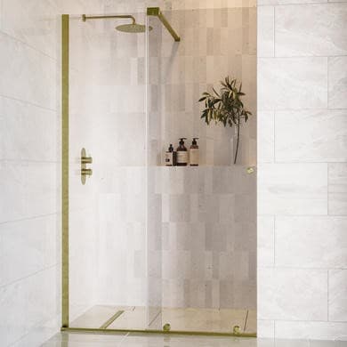 1400mm Brushed Brass Sliding Door Shower Enclosure + Wall Support Bar 8mm Glass - Denver