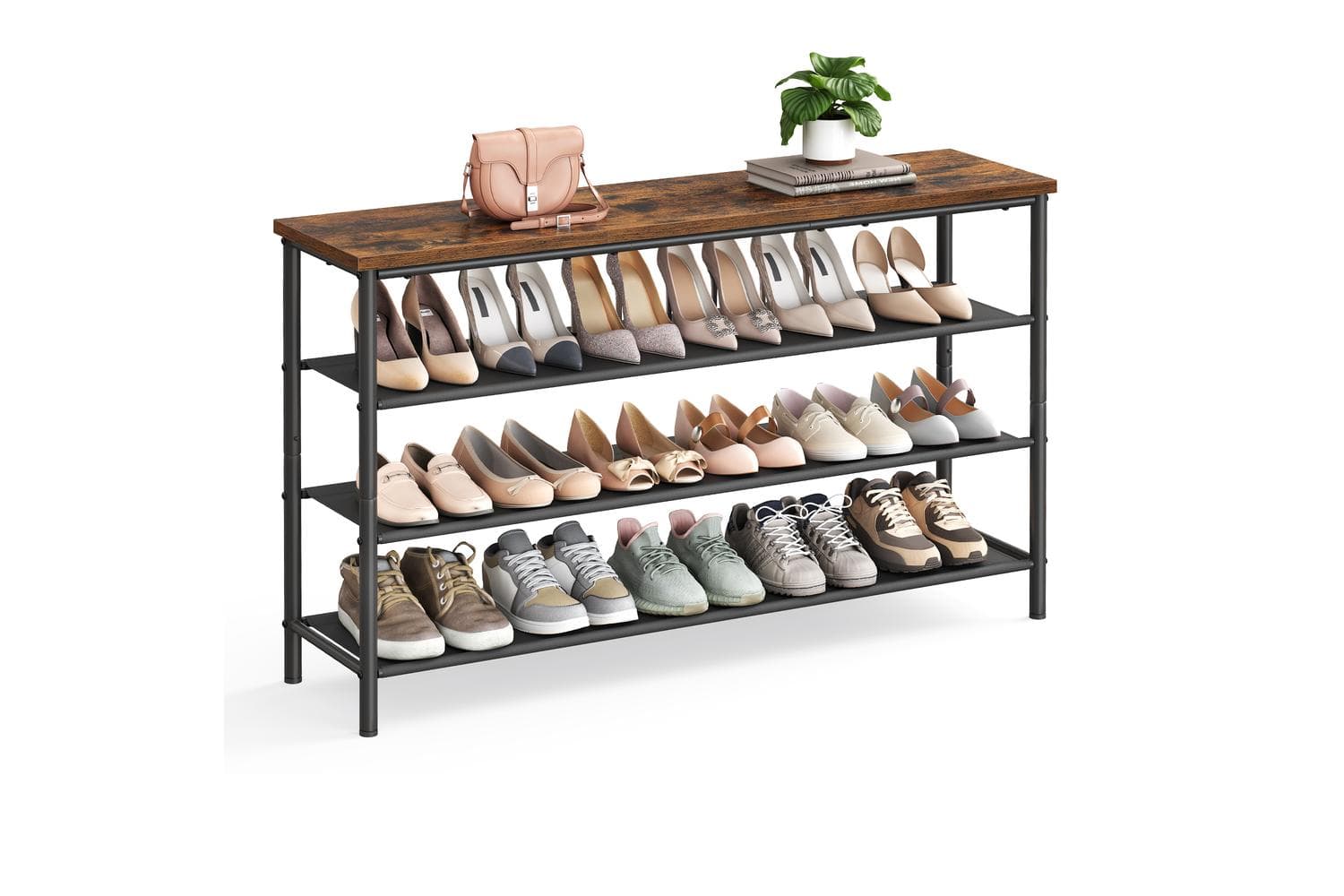 Vasagle 4-tier Shoe Rack | Shoe Storage Shelf | Rustic Brown And Black | 120cm