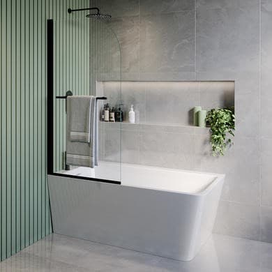 Freestanding Single Ended Left Hand Corner Shower Bath with Black Bath Screen with Towel Rail 1500 x 740mm - Kona