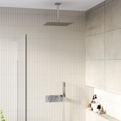 Chrome 2 Outlet Ceiling Mounted Thermostatic Mixer Shower Set with Hand Shower - Cube