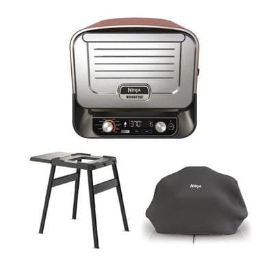 Ninja OO101UK Ninja Woodfire Outdoor Oven Artisan Pizza Maker and BBQ Smoker - Terracotta/Steel with Stand and Cover (bundle)
