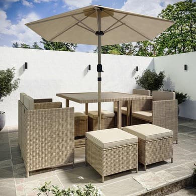 8 Seater Beige Rattan Cube Garden Dining Set with Matching Parasol