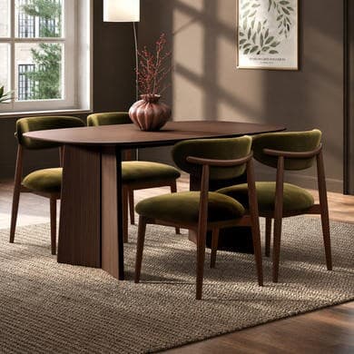 Walnut Dining Table Set with 4 Green Upholstered Dining Chairs - Rivo
