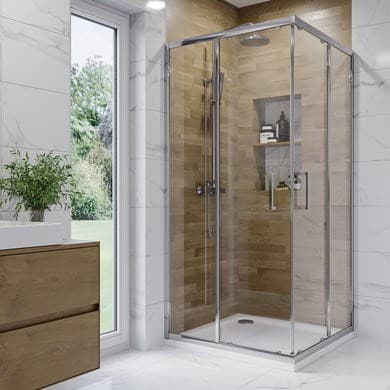 900mm Chrome 6mm Glass Square Corner Entry Shower Enclosure with Shower Tray - Carina