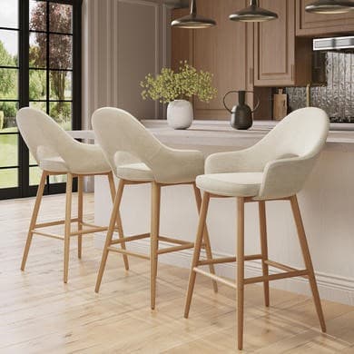 Set of 3 Oak and Beige Upholstered Kitchen Stools with Back - Colbie