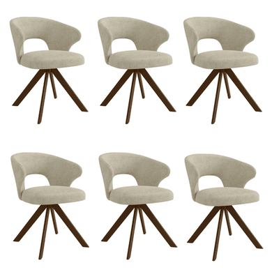 Set of 6 Beige Upholstered Swivel Dining Chairs with Walnut Legs - Mila