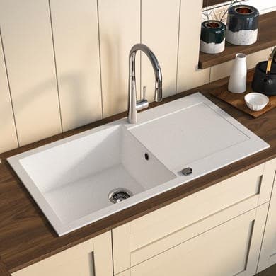 Large Single Bowl White Inset Granite Composite Kitchen Sink with Reversible Drainer - Enza Laurie