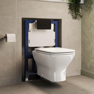 Wall Hung Rimless Toilet with Soft Close Seat, Matt Black Pneumatic Flush Plate, 820mm Frame & Cistern – Palma