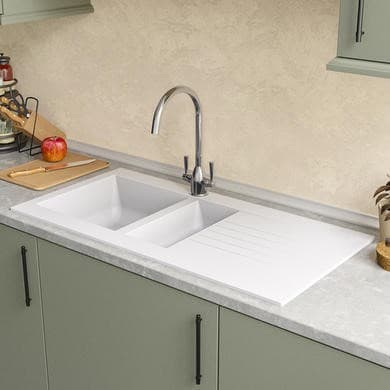 1.5 Bowl Inset White Composite Kitchen Sink with Reversible Drainer - Essence Amelia