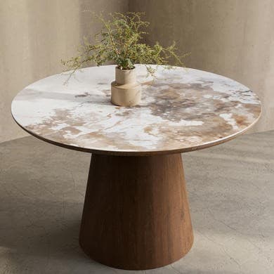 Round Walnut and Marble Effect Pedestal Dining Table - Seats 4 - Malia