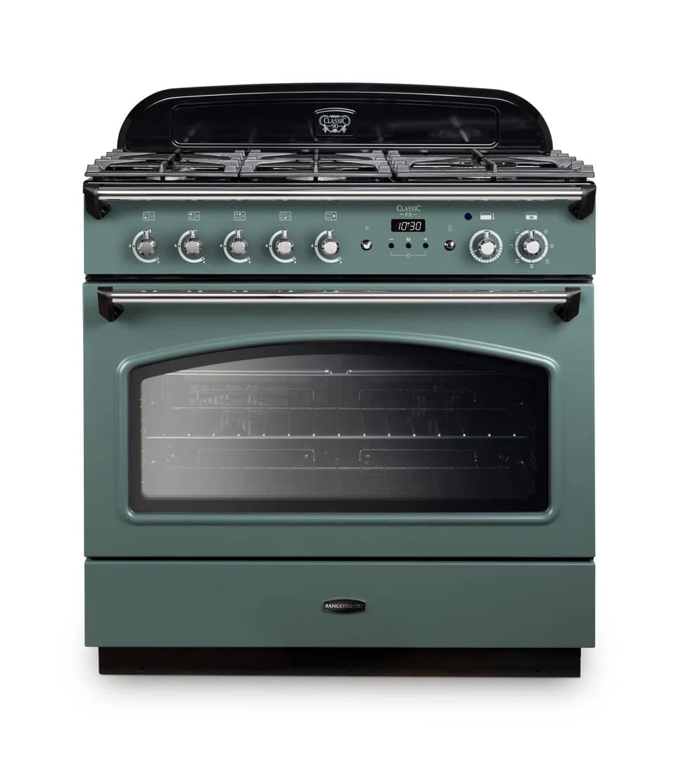Rangemaster Classic FX 90 Dual Fuel 90cm Range Cooker | Mineral Green with Chrome Trim