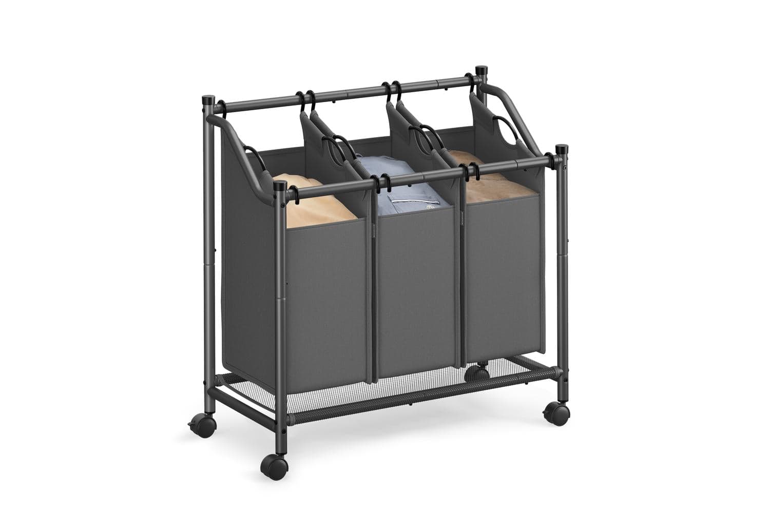Rolling Laundry Basket Sorter | Laundry Hamper Trolley | Steel And Oxford Fabric | 135 Litre | Grey | 80 X 38.5 X 81 Cm