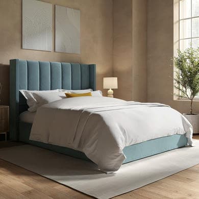 Blue - Velvet End-Lift Ottoman Storage Bed with Winged Headboard - Maddox