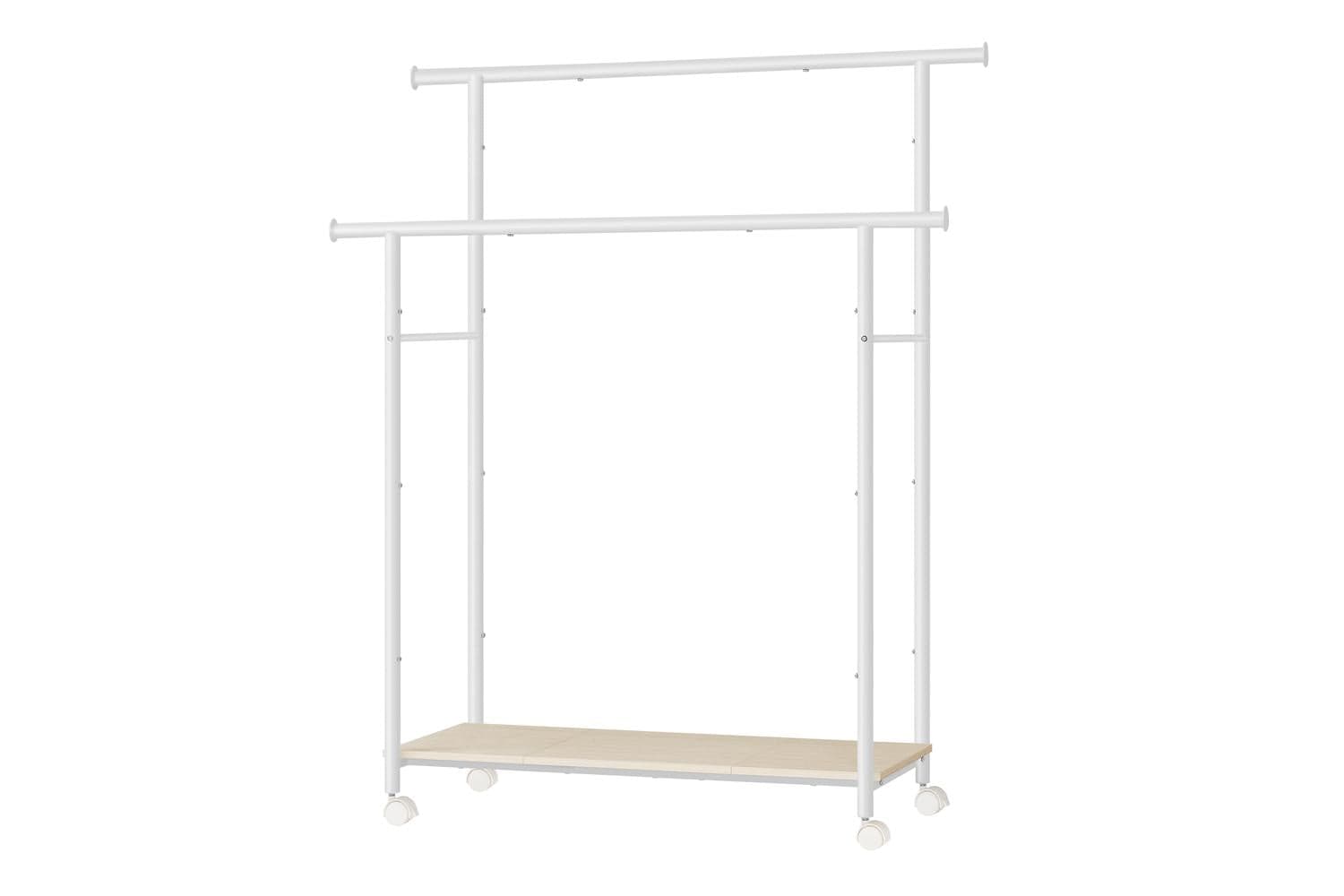Clothes Rack With Wheels | Double Rod Garment Rack | Steel And Particleboard | White