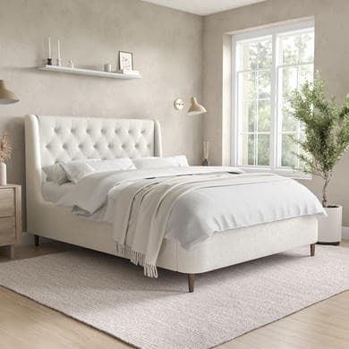 Cream - Upholstered End-Lift Chesterfield Ottoman Storage Bed with Legs - Amara