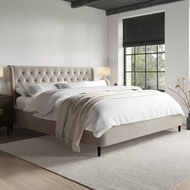 Beige - Upholstered End-Lift Chesterfield Ottoman Storage Bed with Legs - Amara