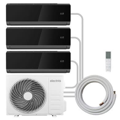 electriQ iQool Multi-Split 3 x 9000 BTU Smart Wall Mounted Split Air Conditioner with Heat Pump - Pipe Kits Included - Black