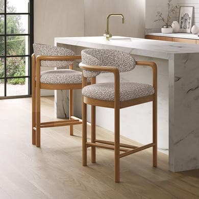 Darla Beige Printed Upholstered Kitchen Stools with Solid Wood Exposed Back