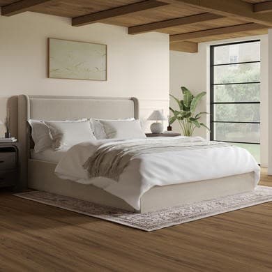 Beige - Velvet End-Lift Ottoman Storage Bed with Cushioned Headboard - Frida