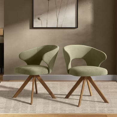 Set of 2 Sage Green Velvet Swivel Dining Chairs with Oak Legs - Mila