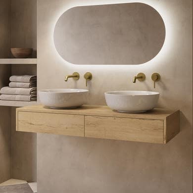 1200mm Oak Wood Effect Wall Hung Double Countertop Vanity Unit with Round Basins - Lugo
