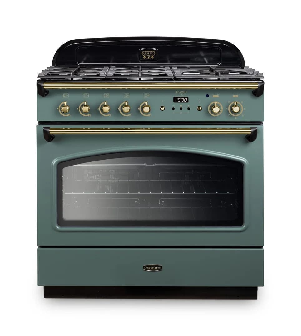 Rangemaster Classic FX 90 Dual Fuel 90cm Range Cooker | Mineral Green with Brass Trim