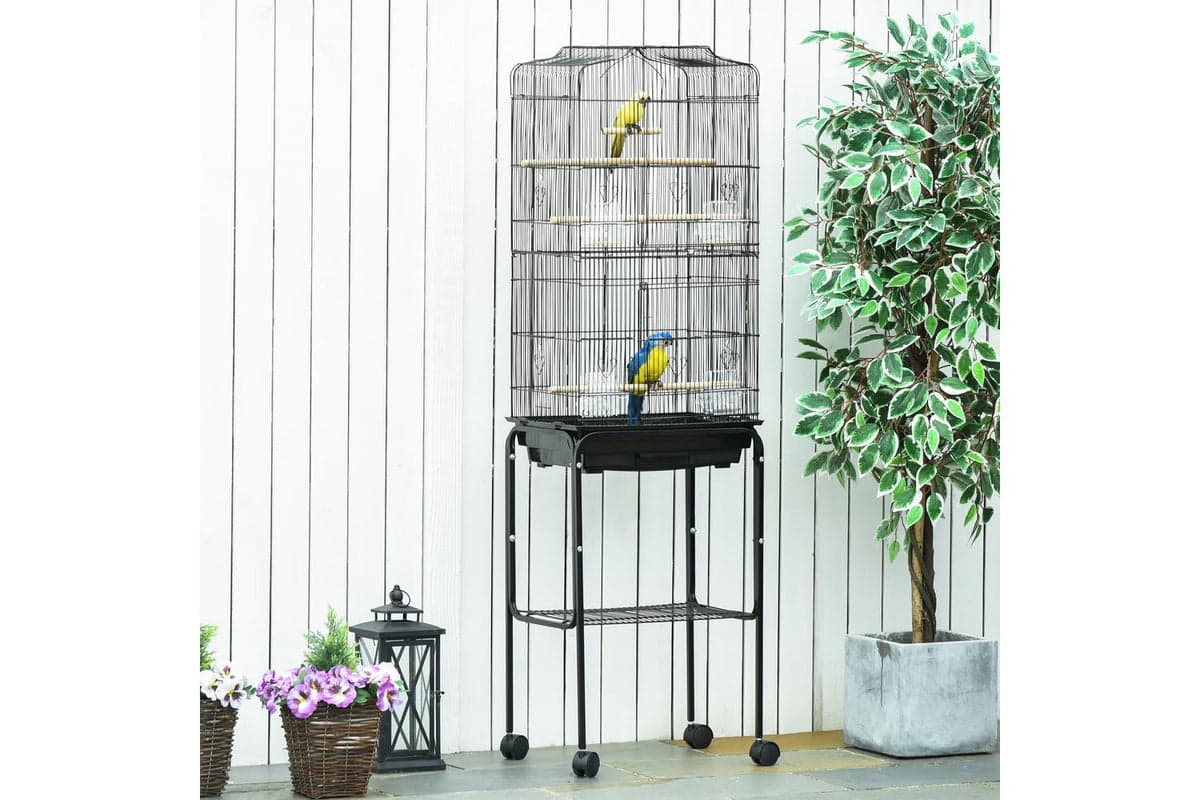 PawHut D10-019V01BK Bird Cage with Stand Wheels | Black