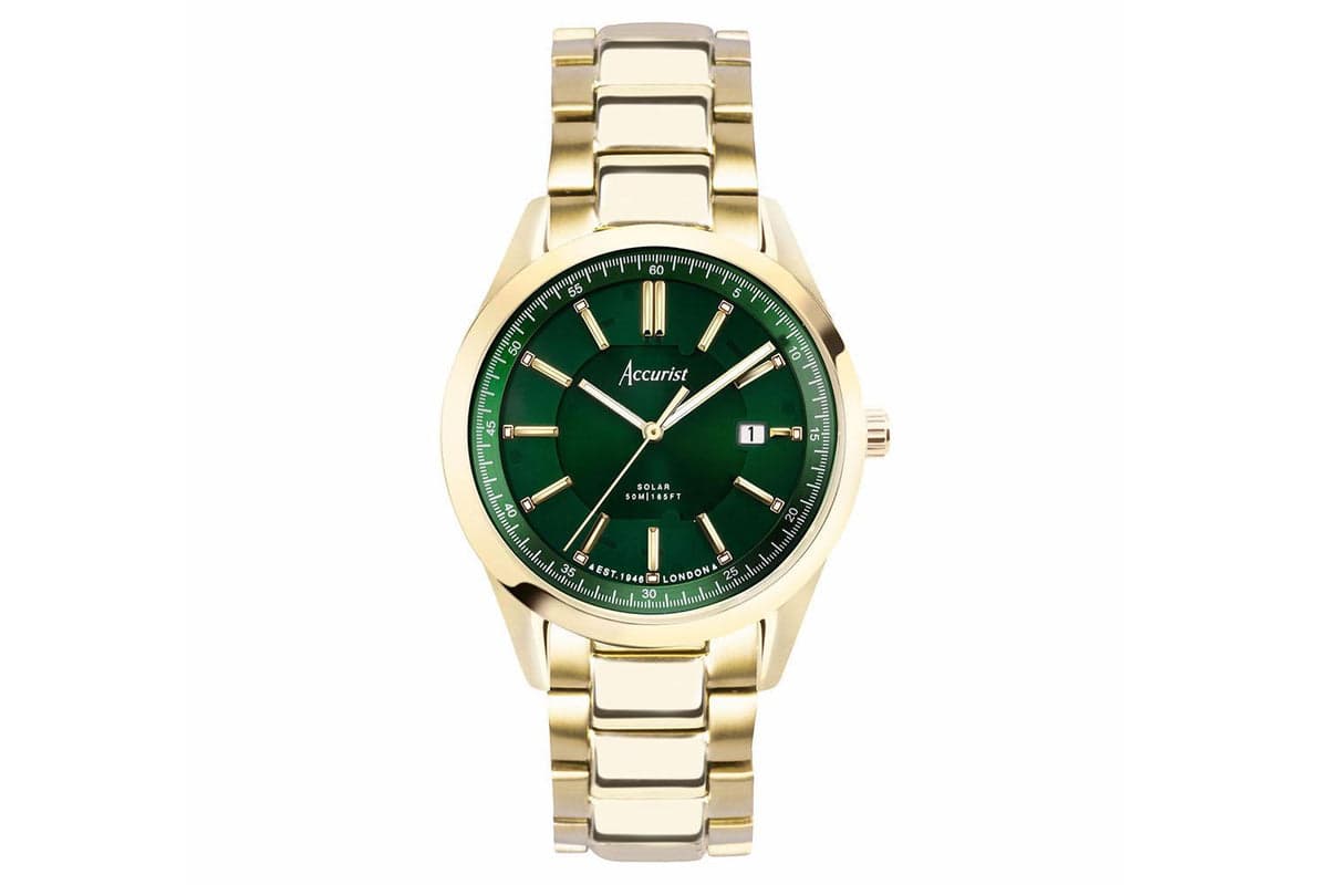 Accurist Everyday Solar Men's Watch | Gold Stainless Steel Case & Bracelet With Green Dial | 40mm