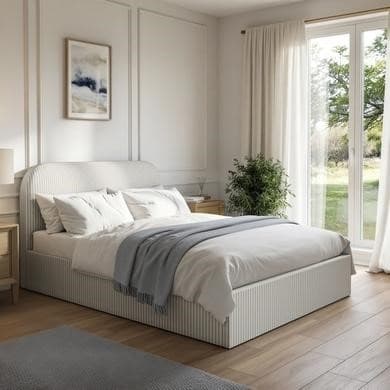 Cream Grey Striped - Upholstered End-lift Ottoman Storage Bed - Zara