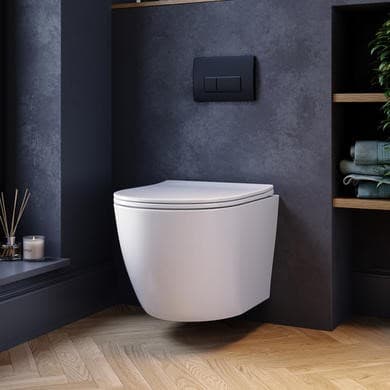 Wall Hung Rimless Toilet with Soft Close Seat, Black Pneumatic Flush Plate, 820mm Frame & Cistern – Roma