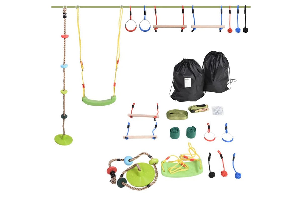 Outsunny Ninja Warrior Obstacle Course for Kids Slackline Kit with Training Equipment | 46ft | Multicolour